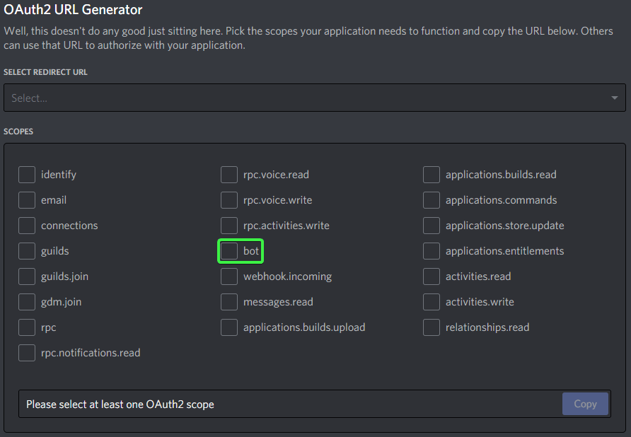 Discord Developer Portal — OAuth2 URL Generator with bot scope selected