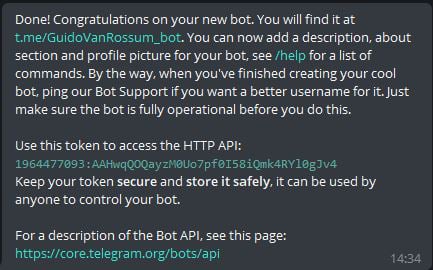 BotFather success message with bot link and HTTP API token