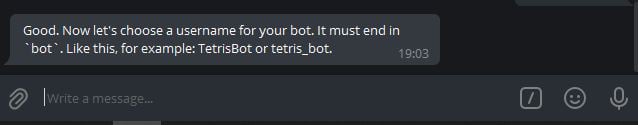 BotFather asking for a bot username ending in bot