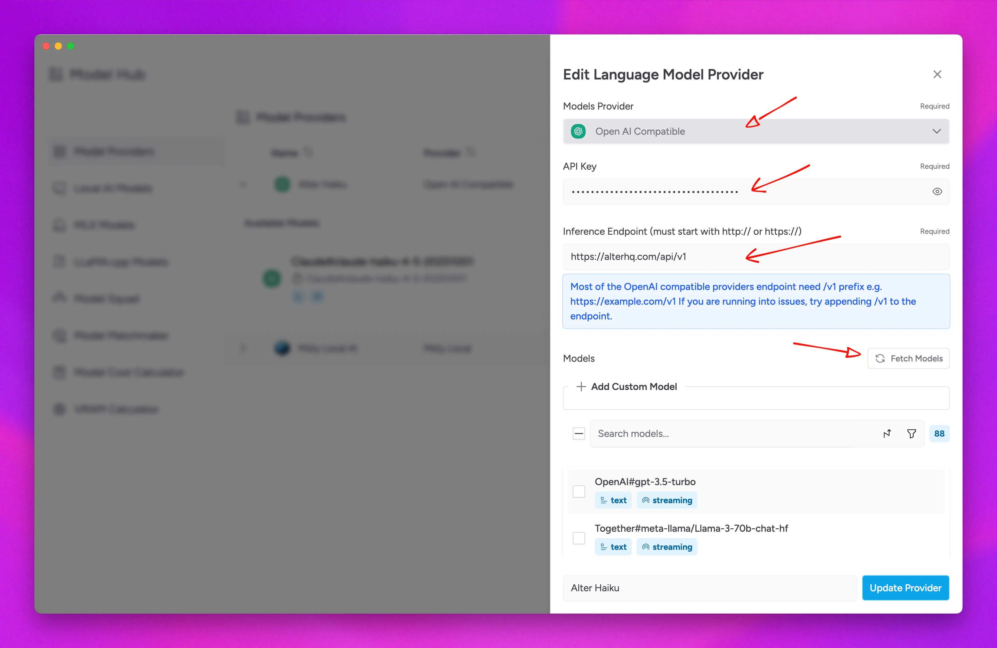 Msty.ai endpoint and API key setup