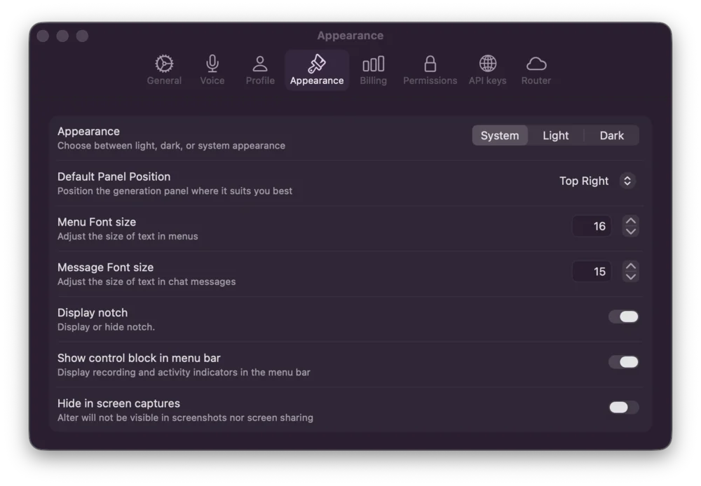 Appearance Settings - Dark Theme