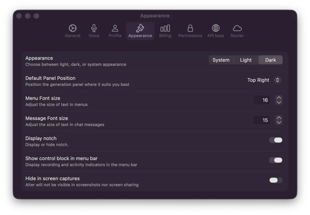 Appearance Settings - Full View