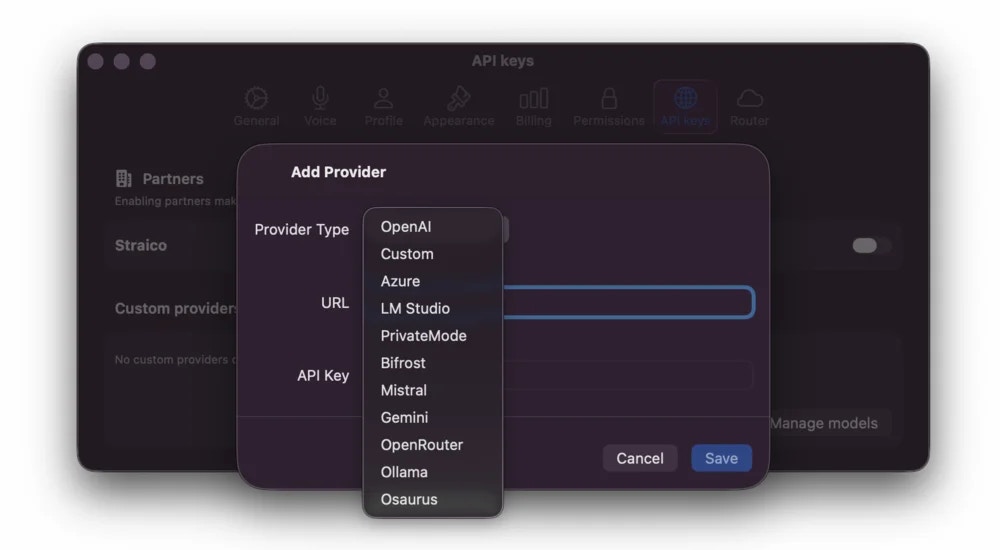 API Keys - Provider Type Dropdown
