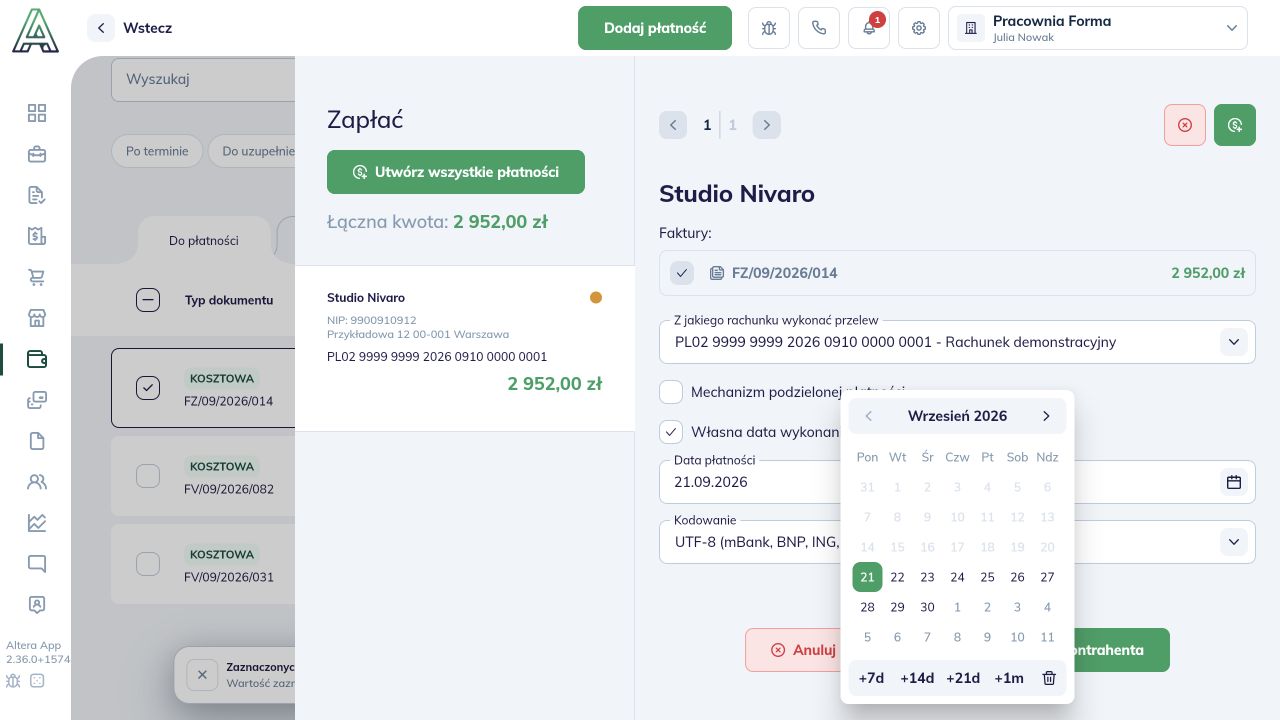 Kalendarz wyboru własnej daty przelewu, z dostępnym 25 września 2026