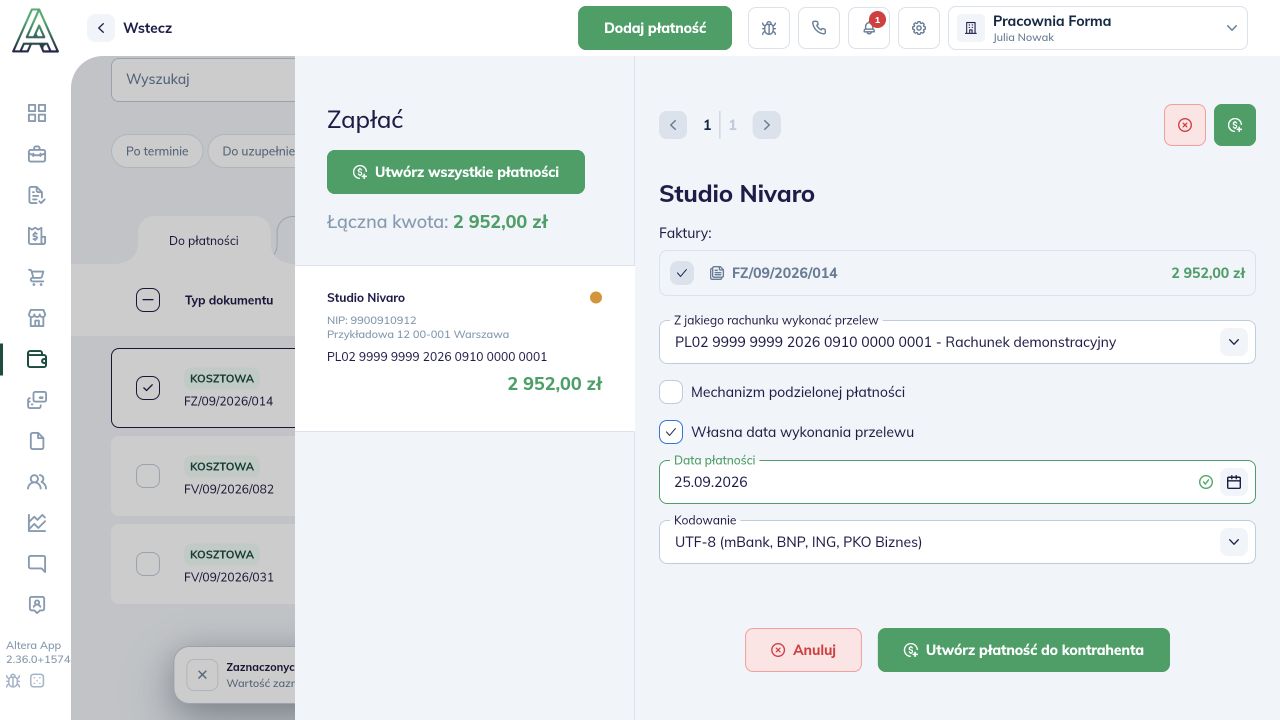 Zaznaczona własna data przelewu i pole Data płatności