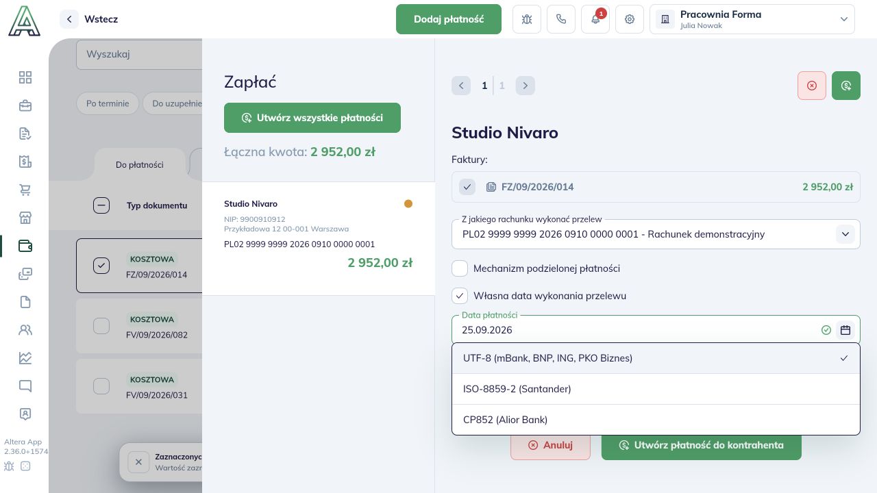 Rozwinięty wybór kodowania UTF-8, ISO-8859-2 i CP852