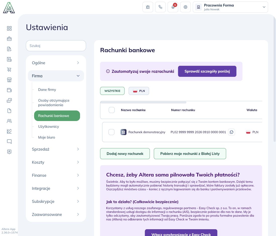 Ustawienia Firma Rachunki bankowe z rachunkiem demonstracyjnym i stanem integracji