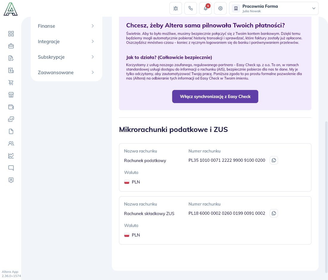 Punkt rozpoczęcia synchronizacji z Easy Check w ustawieniach rachunków