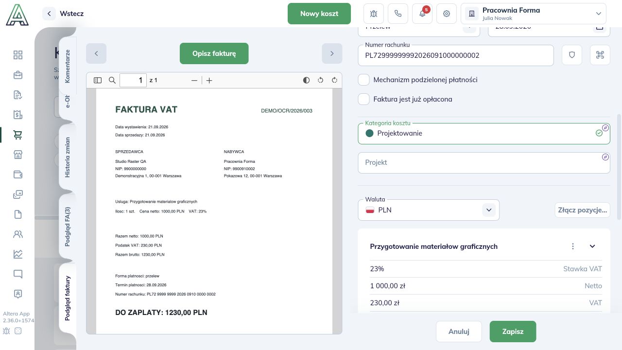 Pola Kategoria kosztu i Projekt w szczegółach oraz przycisk Zapisz