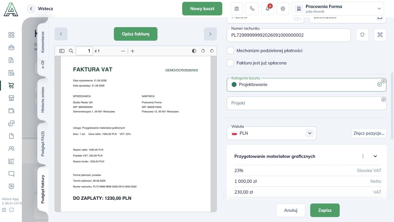 Pola Kategoria kosztu i Projekt w szczegółach oraz przycisk Zapisz