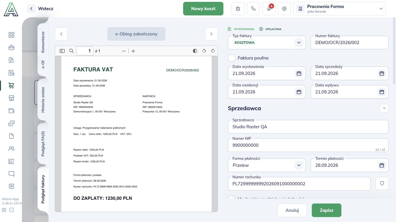 Szczegóły tego samego kosztu: numer faktury, status OPŁACONA i zakończony e-Obieg