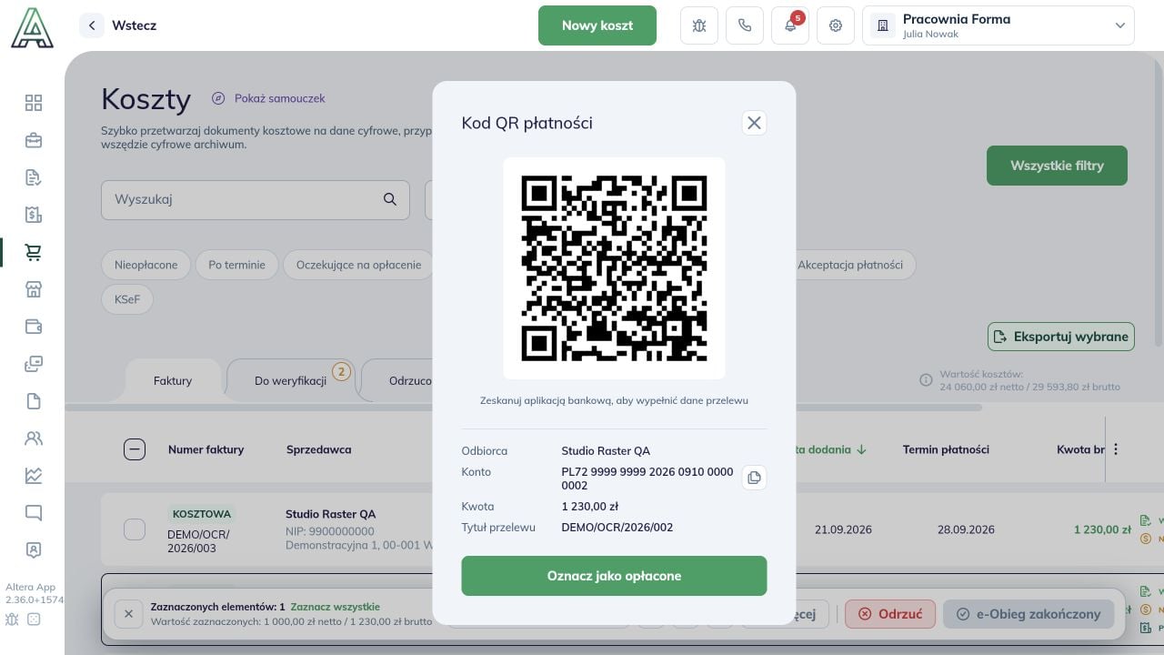Kod QR dla DEMO/OCR/2026/002 z kwotą 1230 zł i przyciskiem Oznacz jako opłacone