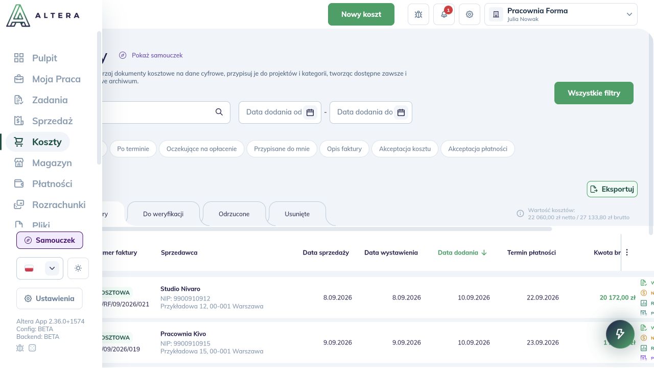 Wspólny punkt wejścia: lista Koszty, dokumenty i checkboxy wierszy