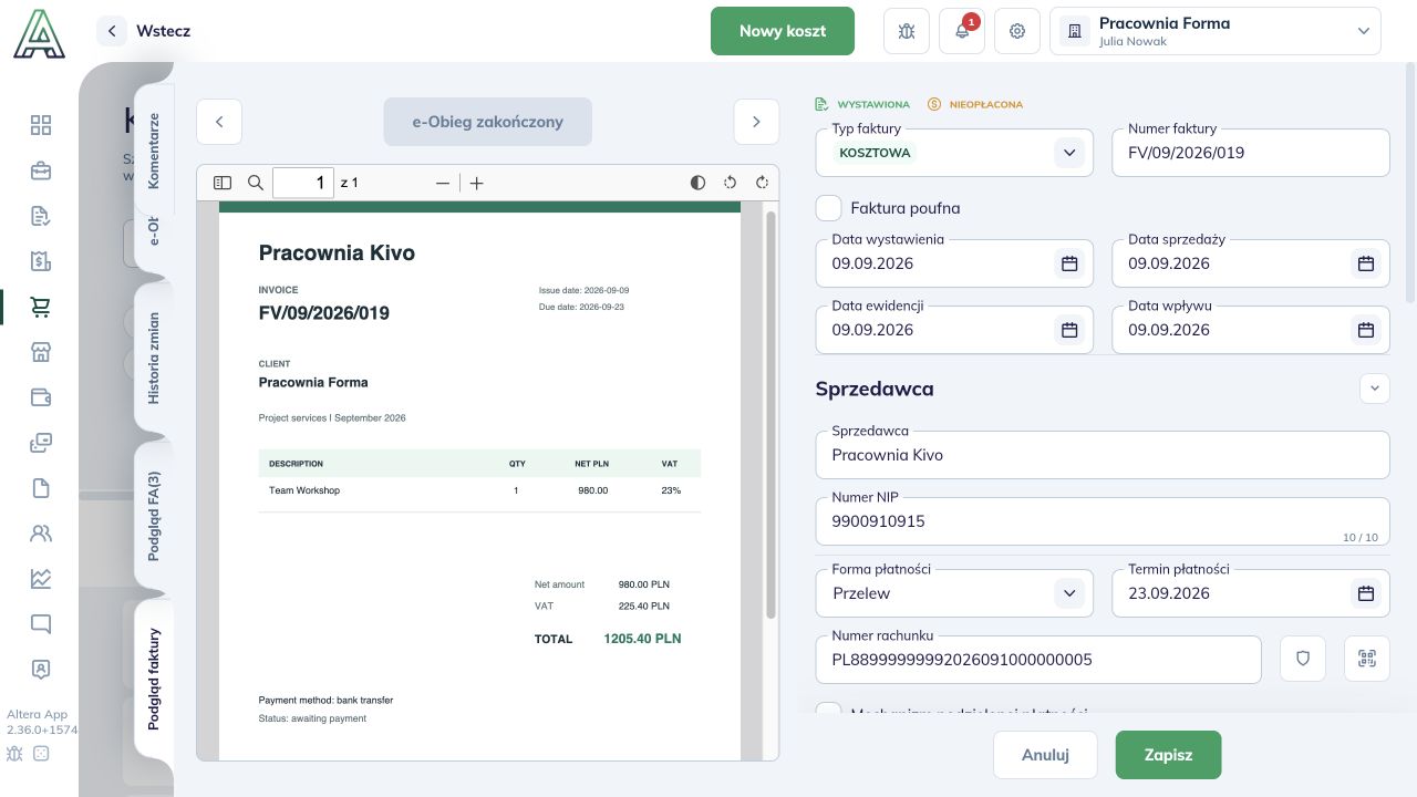 Ikona QR po prawej stronie numeru rachunku w szczegółach kosztu