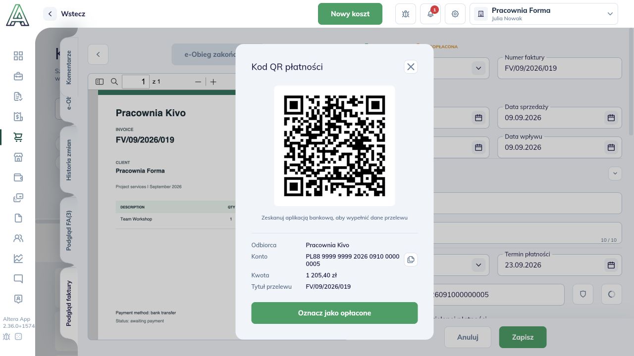 Kod QR otwarty ze szczegółów, odbiorca Kivo, kwota i tytuł