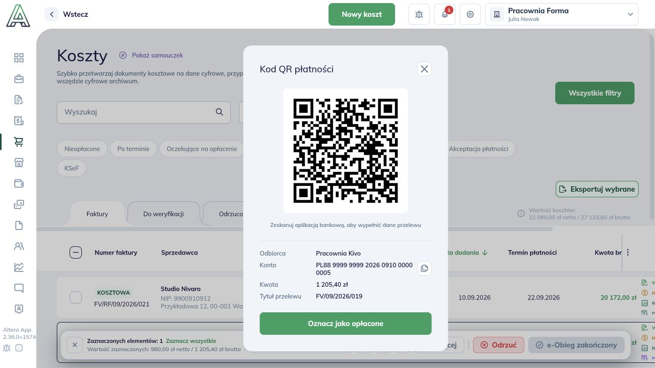 Kod QR otwarty z listy kosztów z danymi przelewu