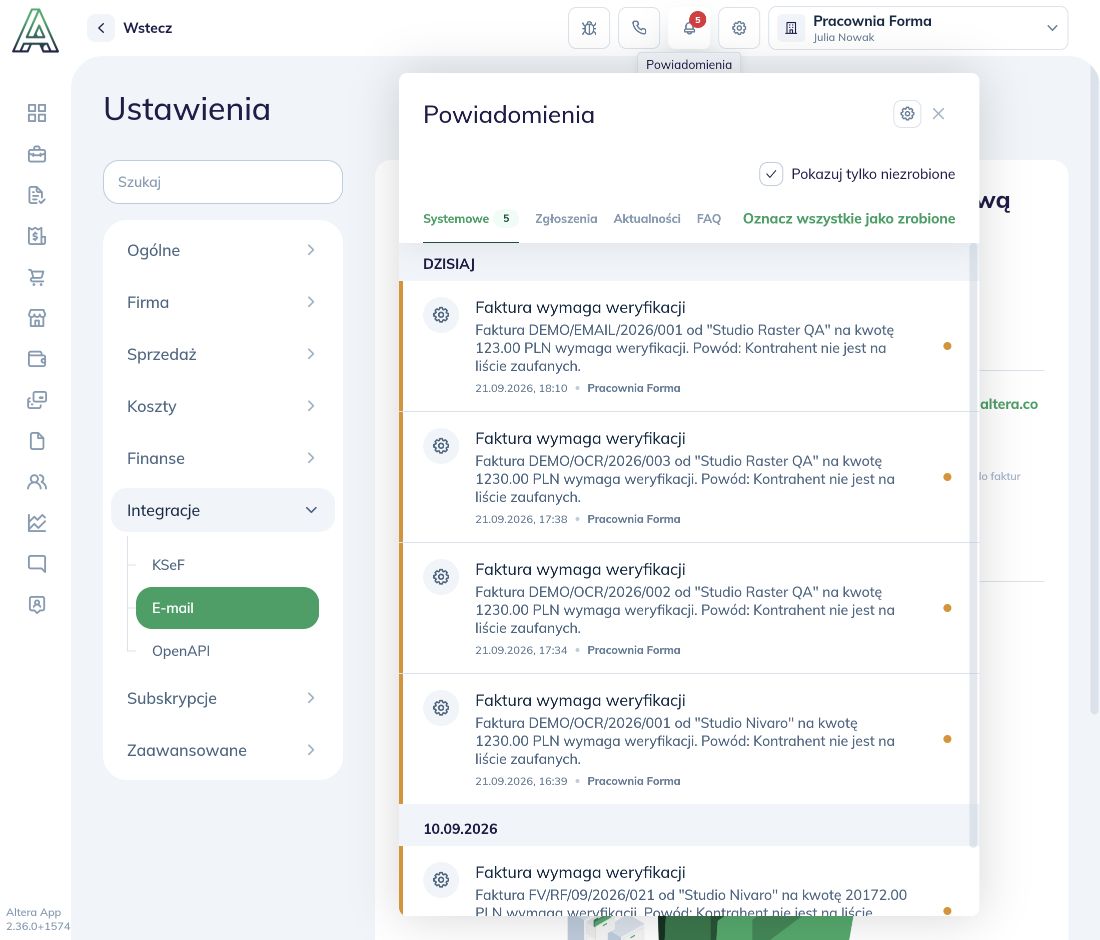 Powiadomienie o dokumencie przesłanym e-mailem, wymagającym weryfikacji