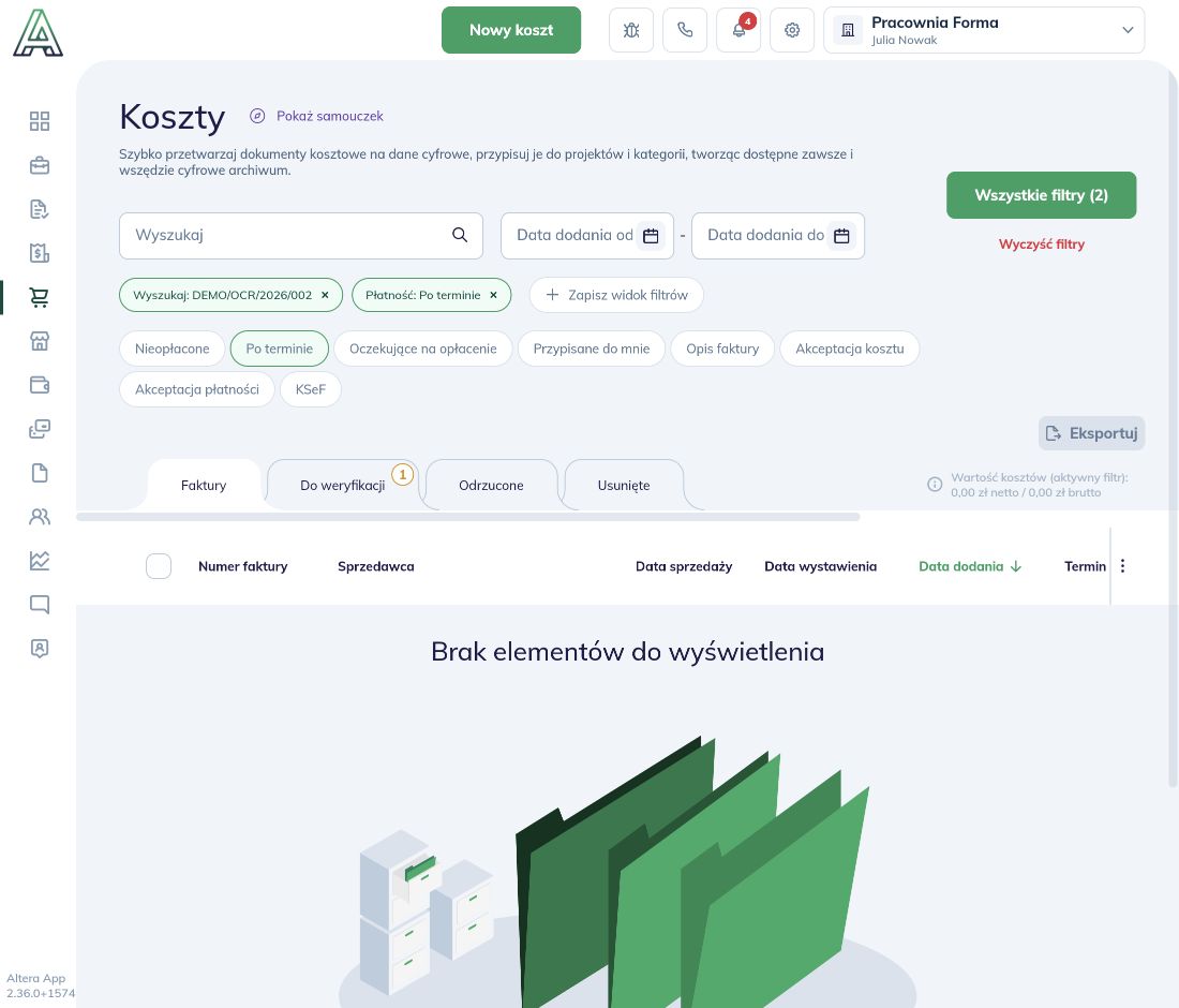Pusta lista wynikająca z połączenia numeru faktury i filtra Po terminie; widoczne krzyżyki i Wyczyść filtry