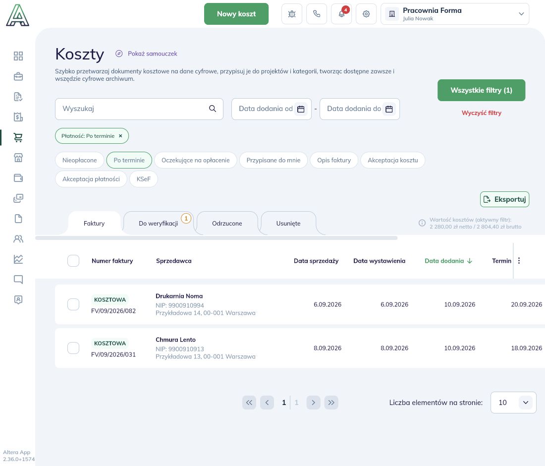 Koszty po terminie z widocznym aktywnym filtrem