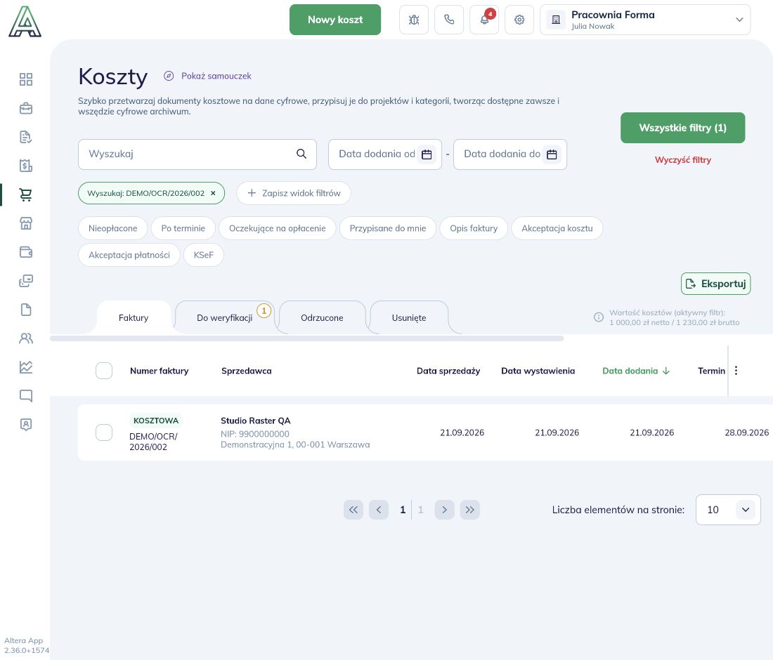 Koszty: aktywny filtr numeru, jeden pasujący dokument i przycisk Wyczyść filtry