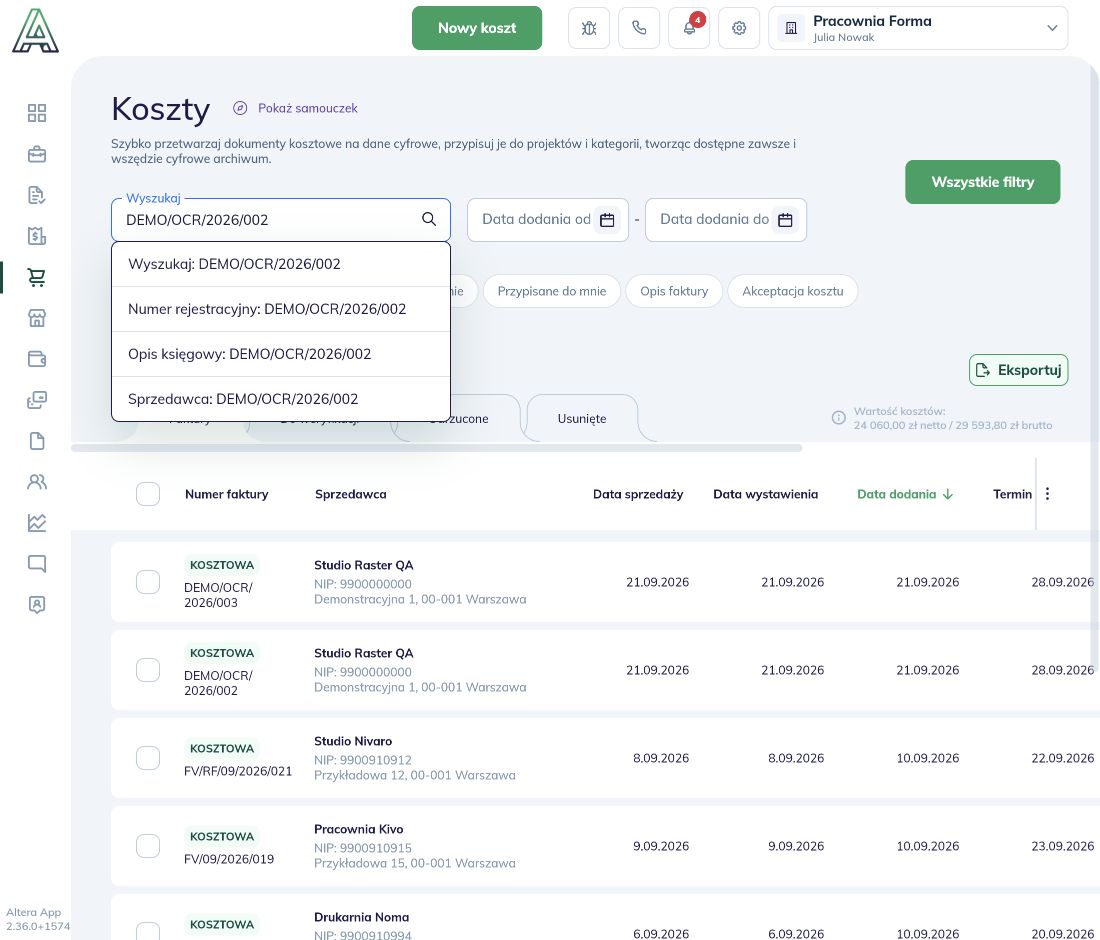 Koszty: wpisany numer faktury i rozwinięta lista sposobów wyszukiwania