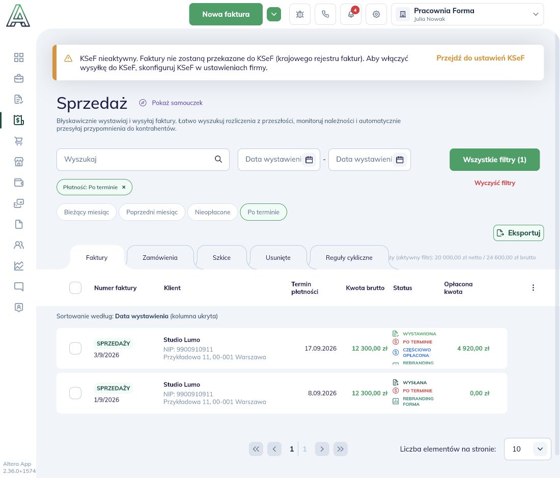 Sprzedaż: aktywny przycisk Po terminie, etykieta filtra i wyniki
