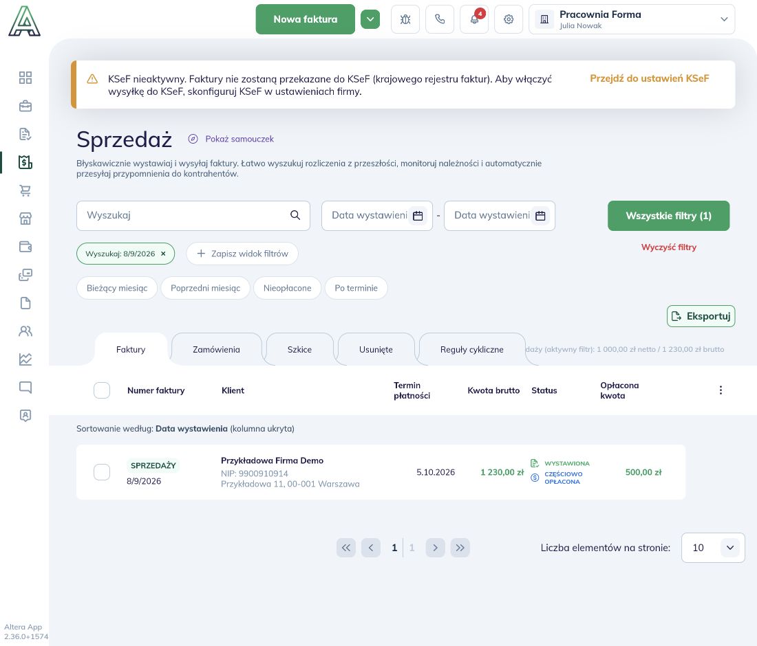 Sprzedaż: wynik wyszukiwania faktury 8/9/2026