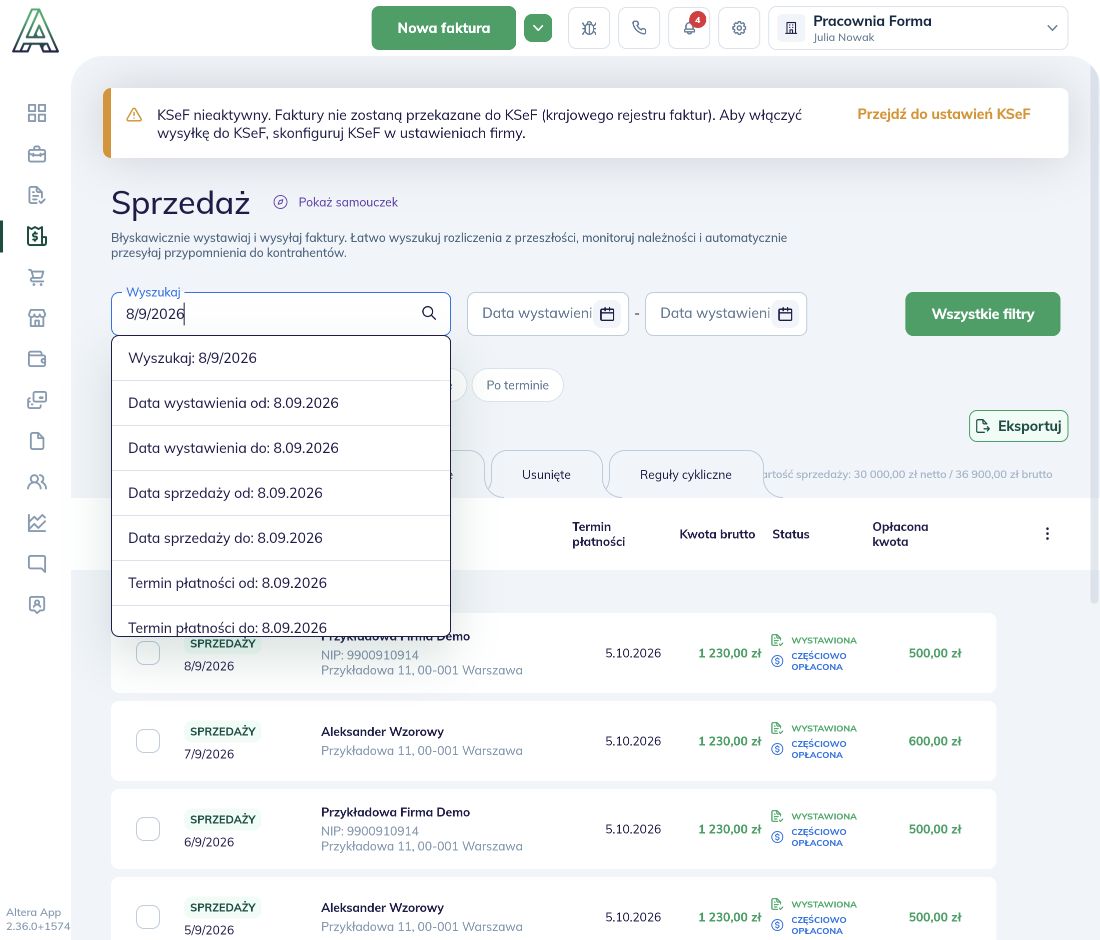 Sprzedaż: podpowiedź Wyszukaj obok alternatywnych filtrów dat
