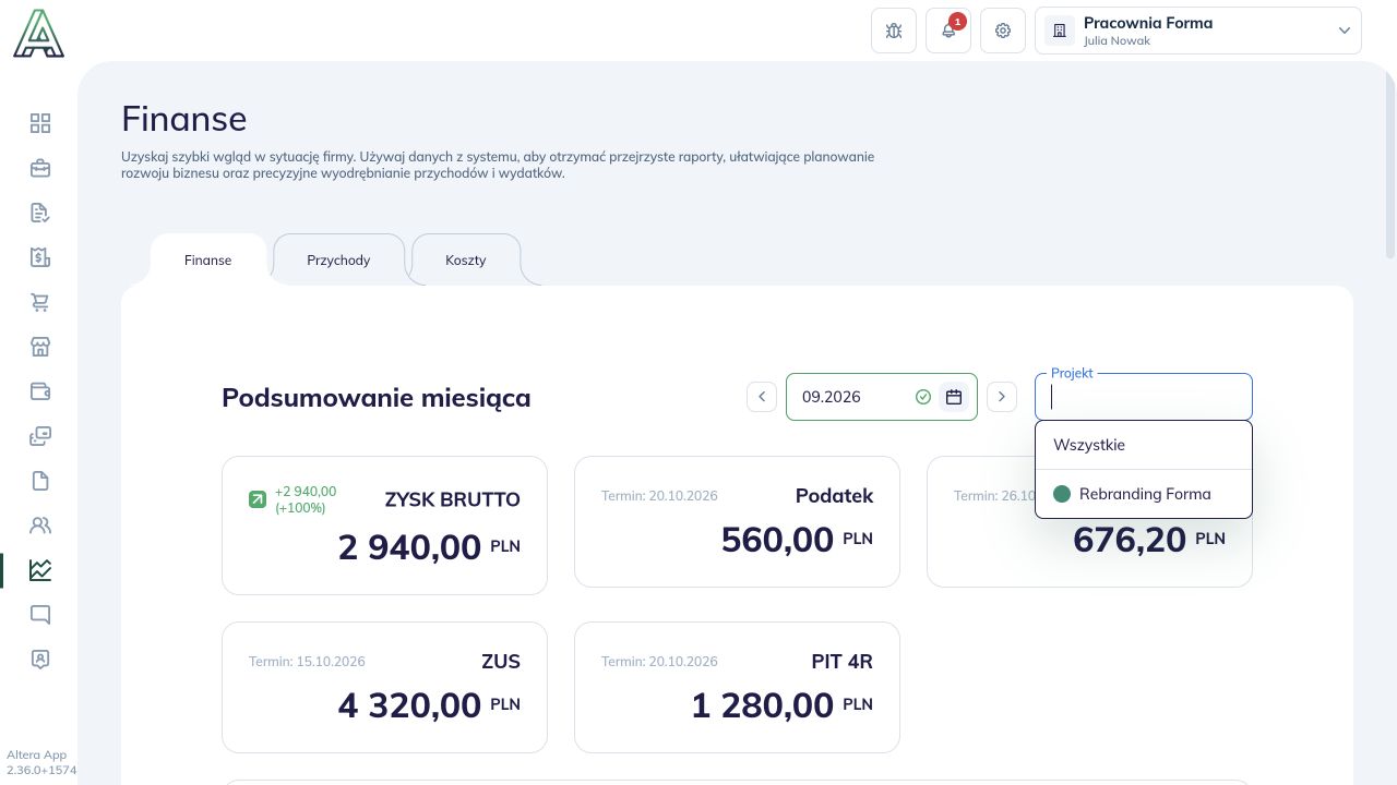 Rozwinięty filtr projektu: wybór Rebranding Forma