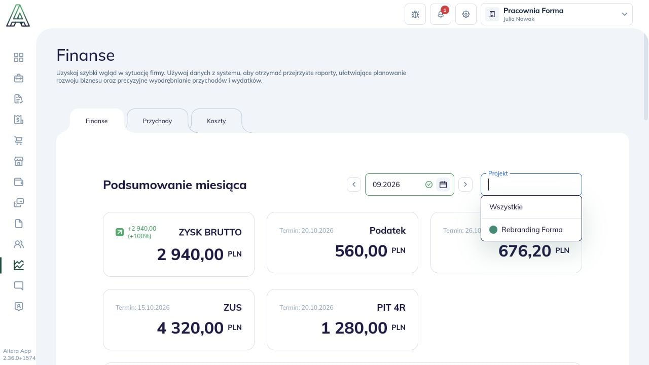 Rozwinięty filtr projektu: wybór Rebranding Forma