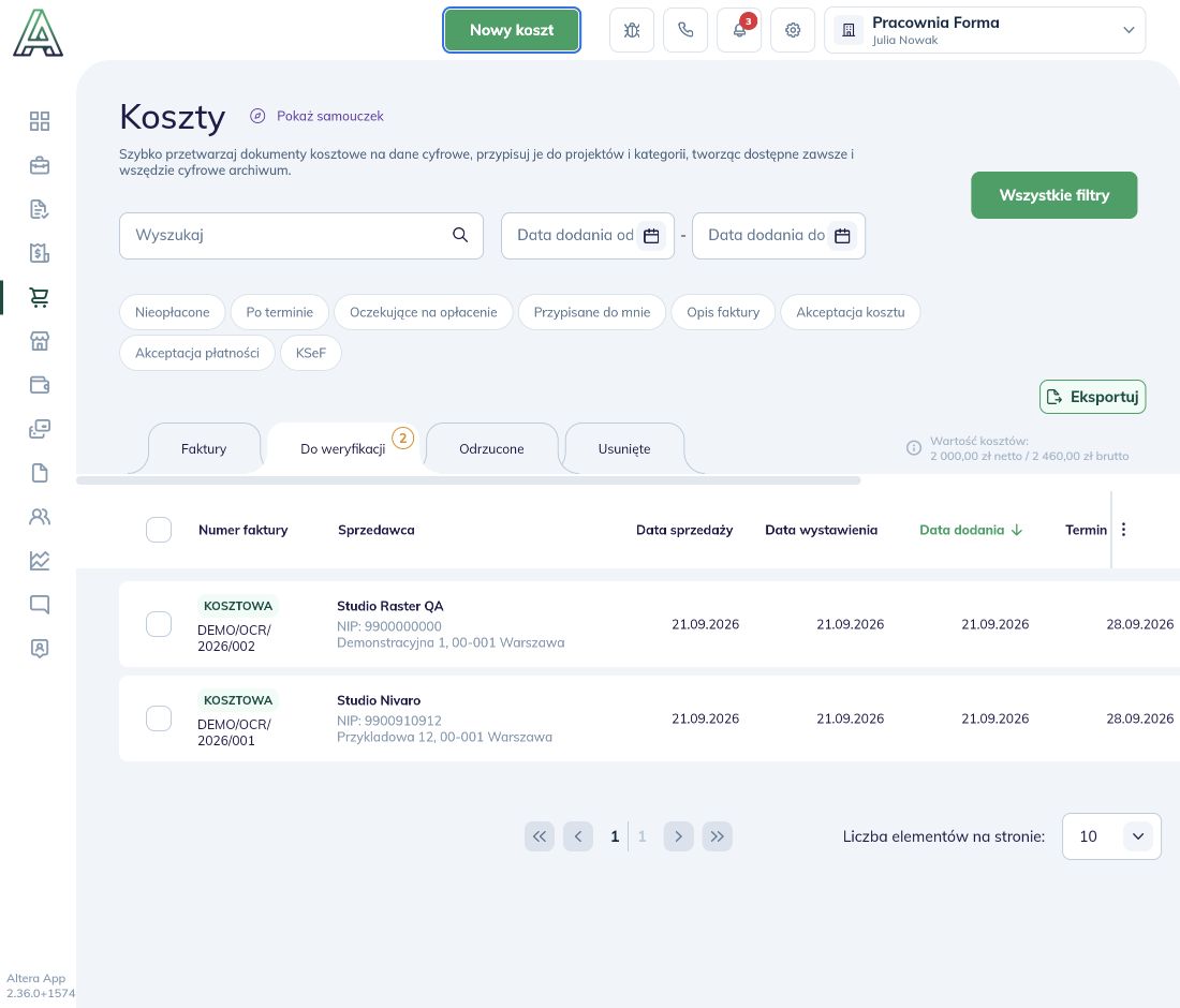 Zakładka Do weryfikacji z rozpoznaną fakturą DEMO/OCR/2026/002