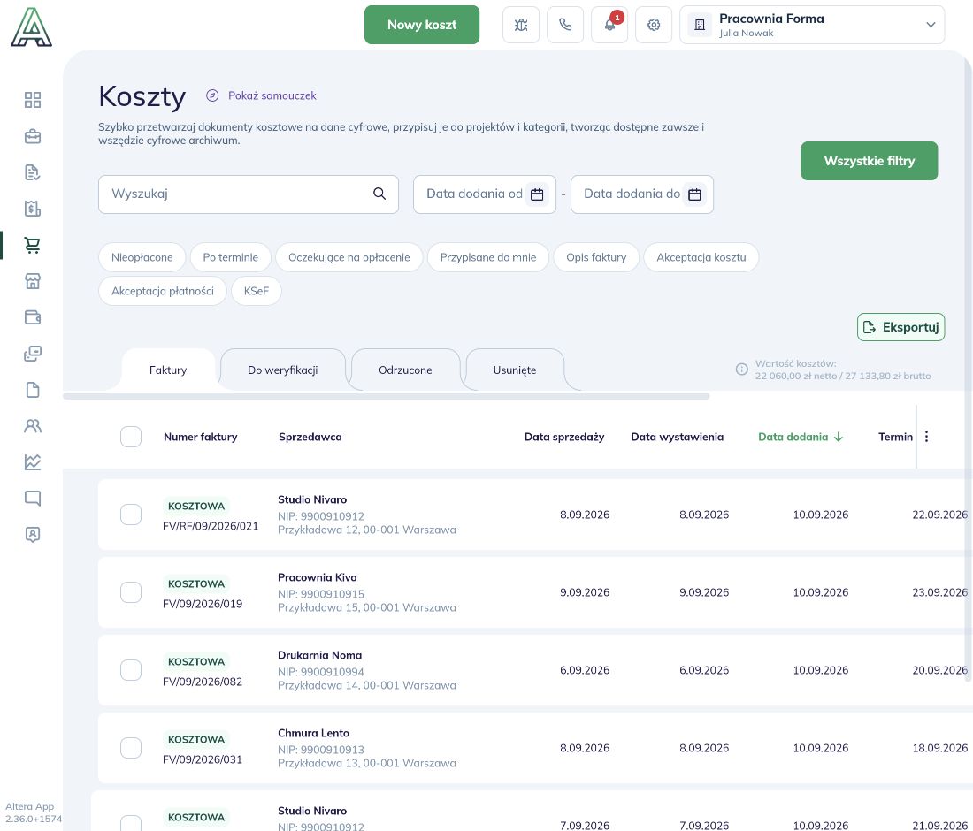 Koszty: przycisk Nowy koszt na górze ekranu