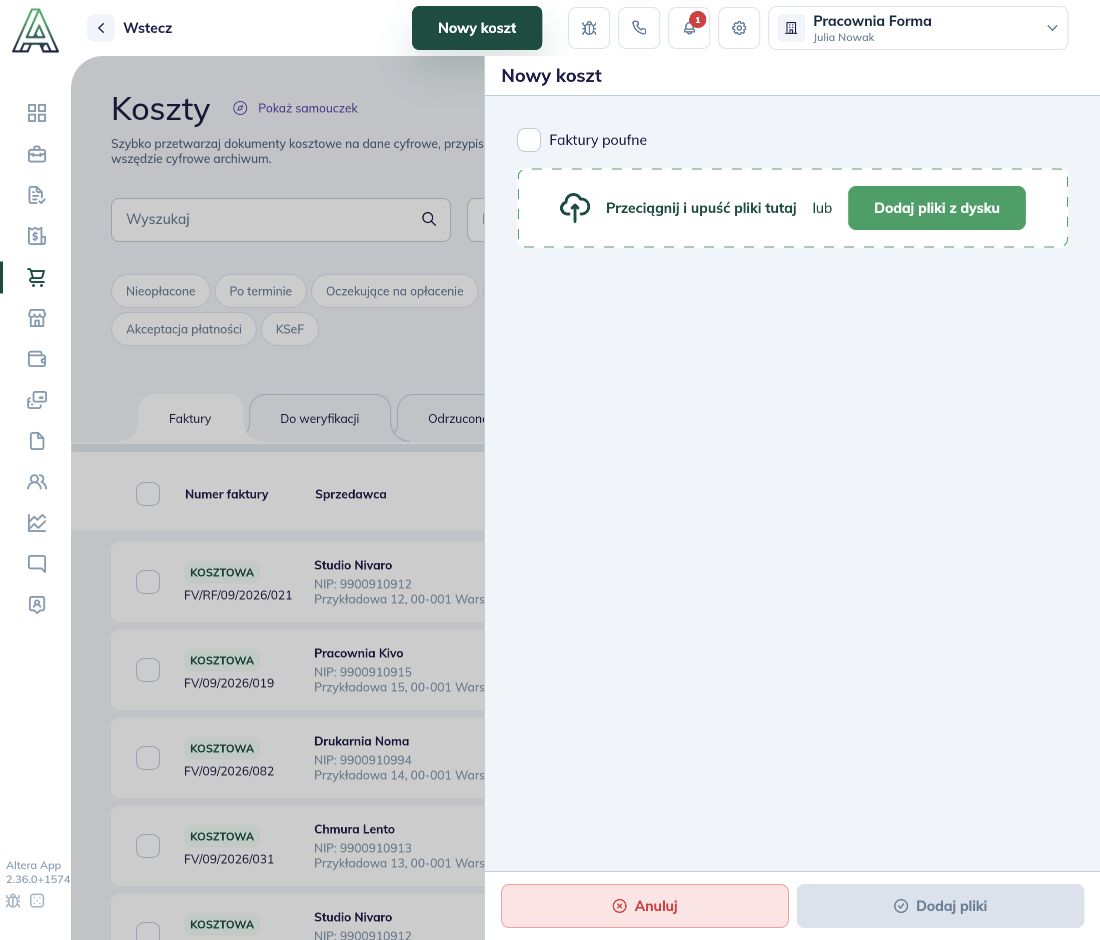 Panel Nowy koszt z przyciskiem Dodaj pliki z dysku