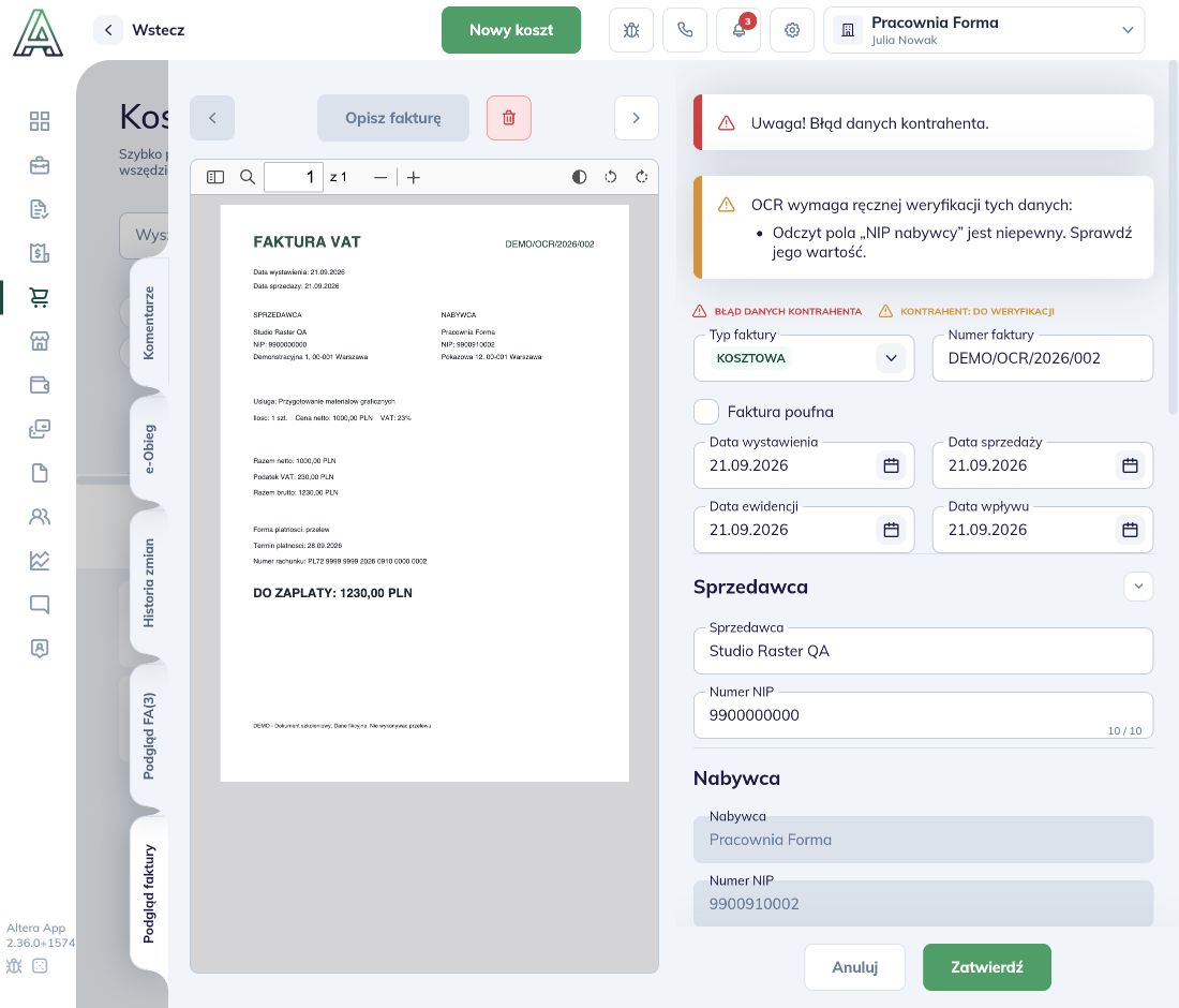 Podgląd PDF obok numeru, dat i danych sprzedawcy oraz komunikatu OCR