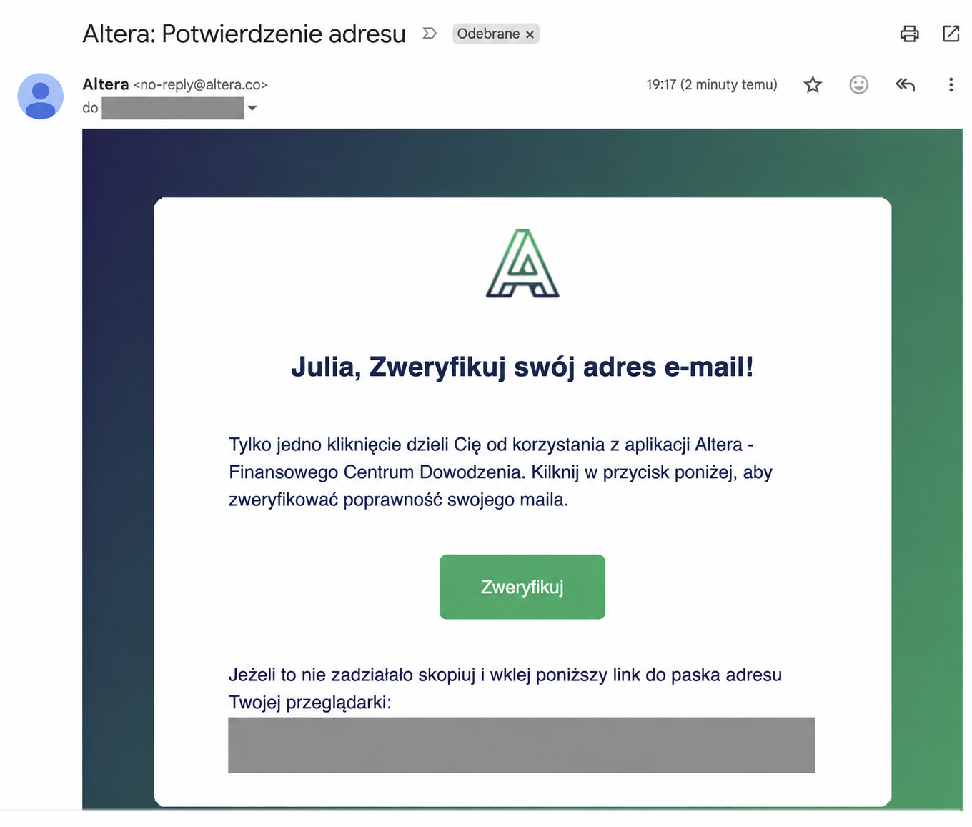 Mail potwierdzający adres e-mail z przyciskiem Zweryfikuj; odbiorca i link aktywacyjny są zamaskowane
