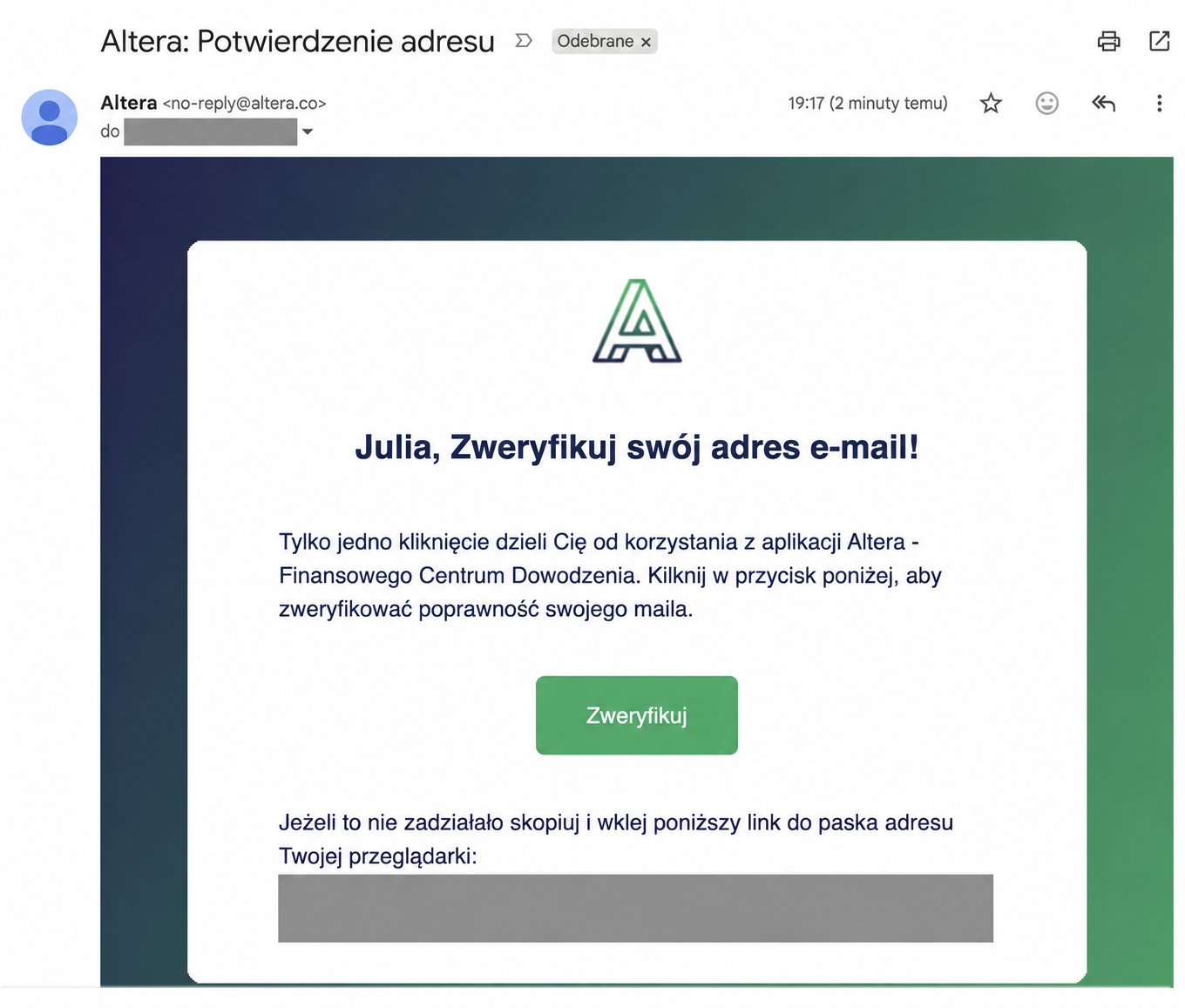Mail potwierdzający adres e-mail z przyciskiem Zweryfikuj; odbiorca i link aktywacyjny są zamaskowane