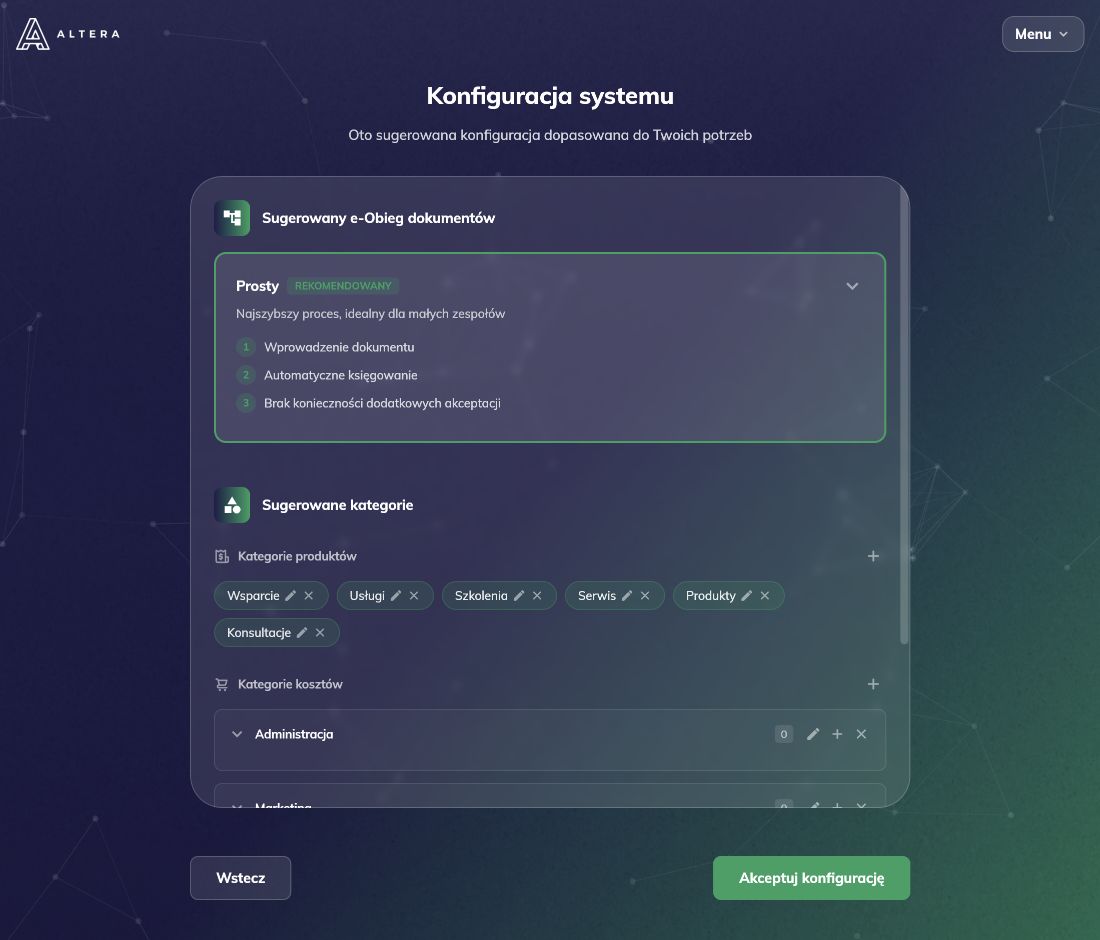 Kreator nowej firmy: Przejrzyj proponowaną konfigurację
