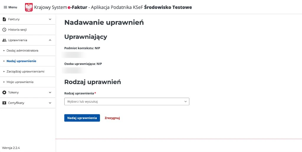 KSeF: Nadaj uprawnienie – wybór rodzaju uprawnienia