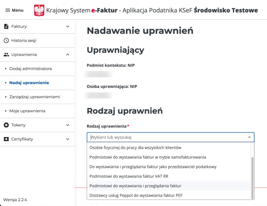 KSeF: lista rodzaju uprawnienia – wystawianie i przeglądanie faktur