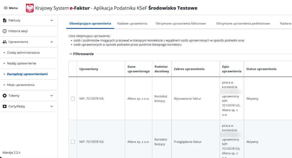 KSeF: Zarządzaj uprawnieniami – aktywne uprawnienia dla Altera