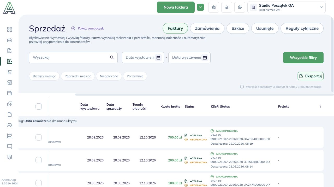 Lista faktur po dodaniu kolumny Projekt i przewinięciu tabeli w prawo