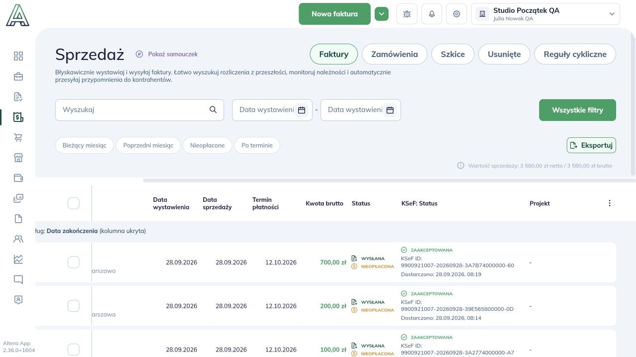 Lista faktur po dodaniu kolumny Projekt i przewinięciu tabeli w prawo