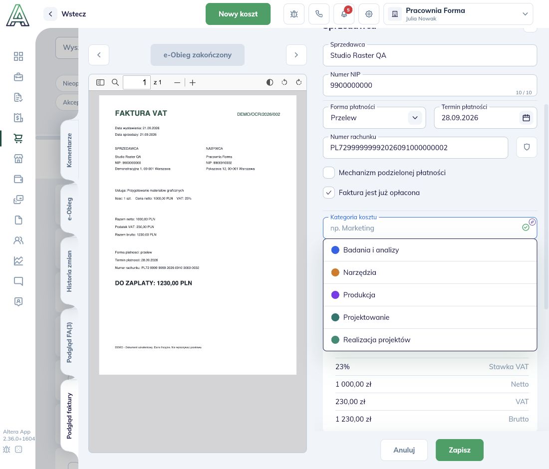 Otwarta lista kategorii kosztu z opcją Projektowanie