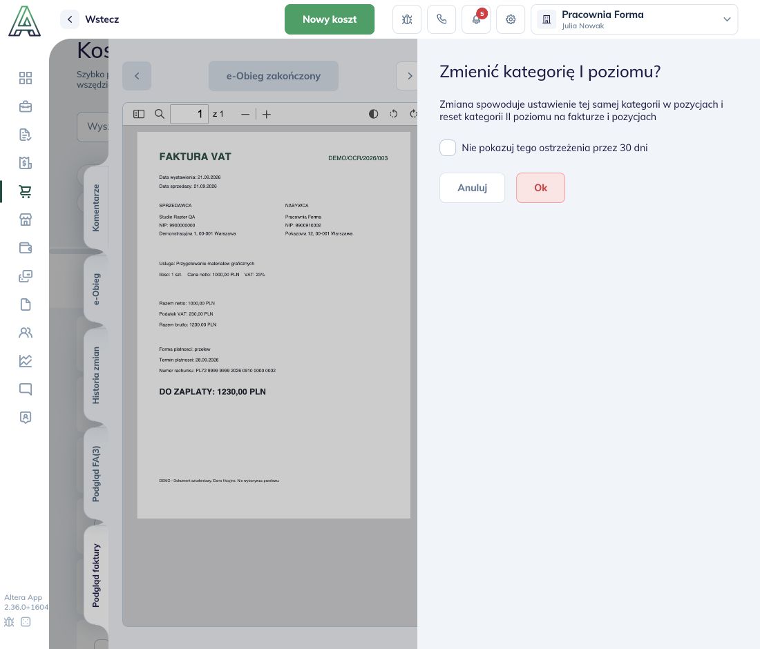 Ostrzeżenie przed zmianą kategorii w pozycjach i resetem kategorii II poziomu