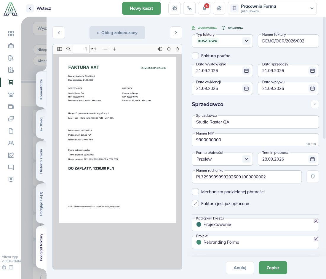 Ponownie otwarty DEMO/OCR/2026/002 z zapisaną kategorią Projektowanie i projektem Rebranding Forma