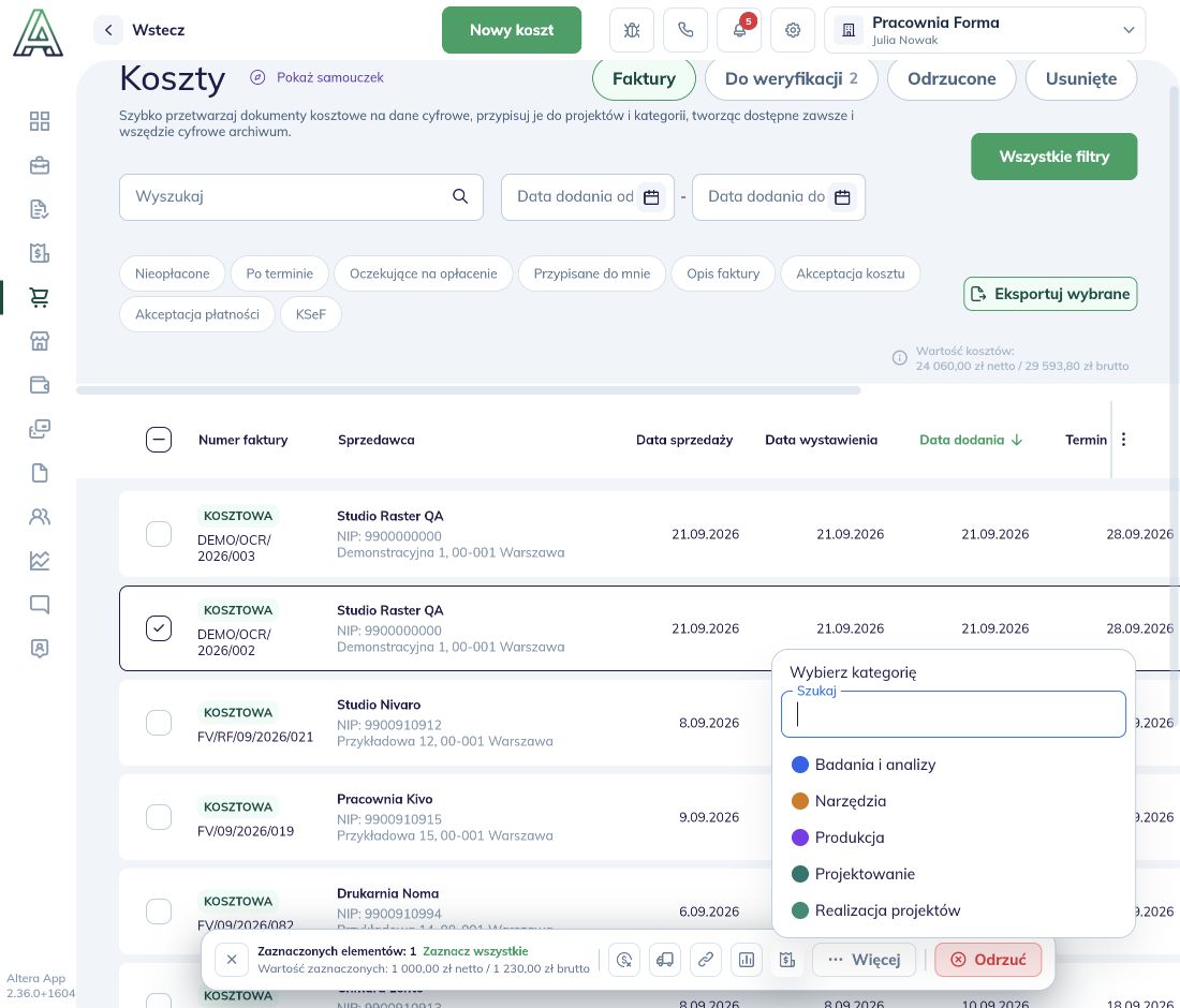 Lista kategorii otwarta z paska zaznaczonego kosztu