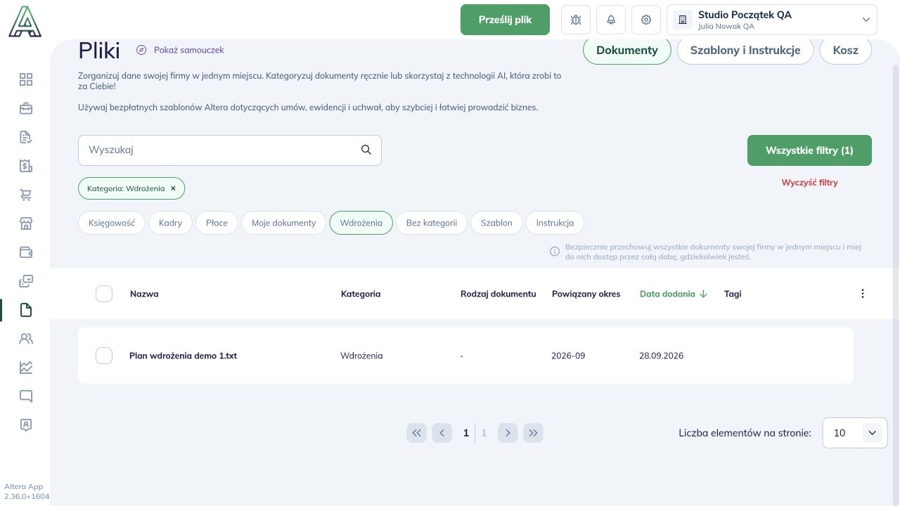 Zapisany Plan wdrożenia demo 1.txt po zastosowaniu filtra Wdrożenia