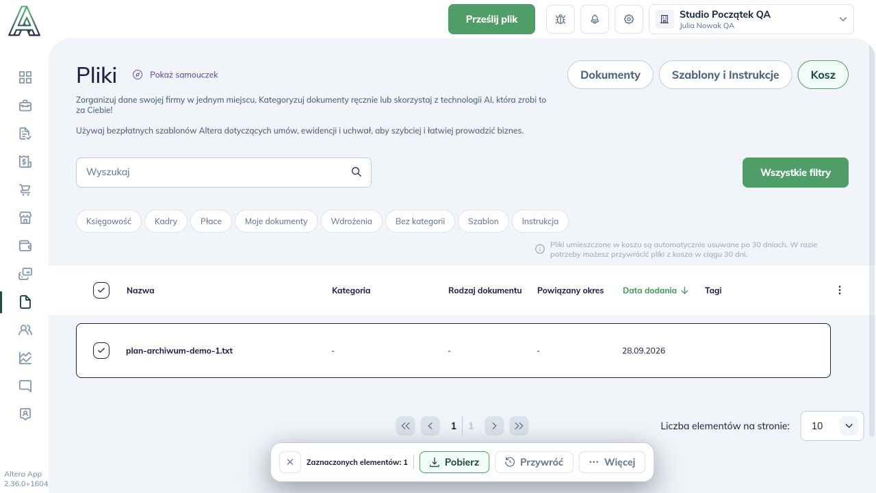 Plik w Koszu, informacja o 30 dniach i przycisk Przywróć na pasku wyboru