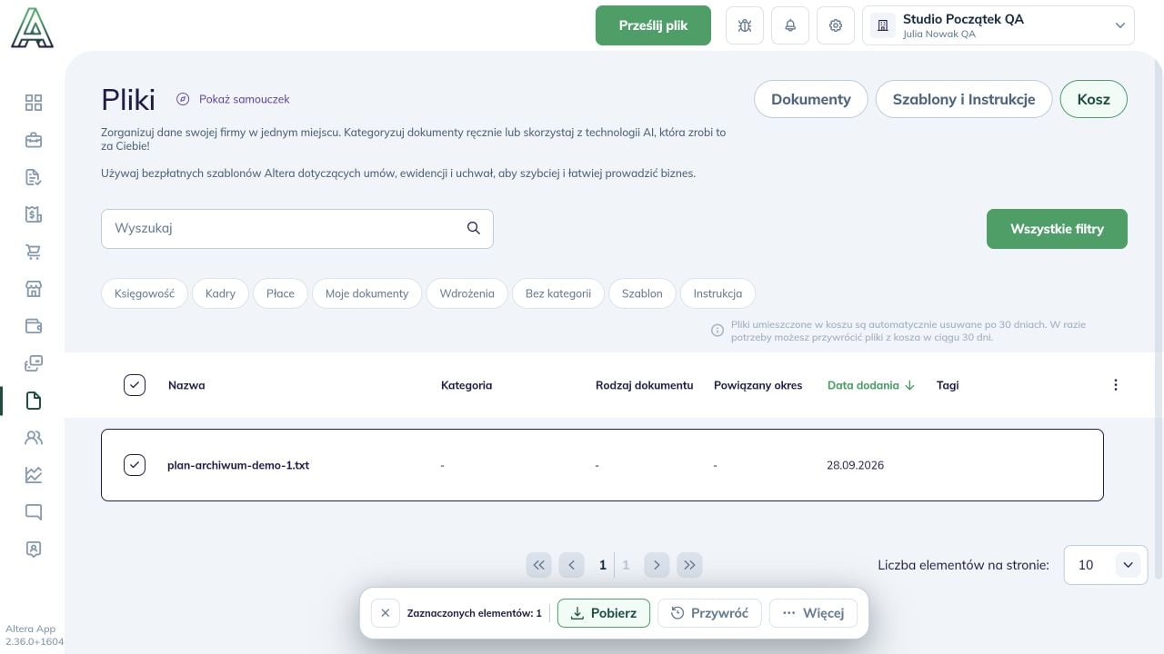 Plik w Koszu, informacja o 30 dniach i przycisk Przywróć na pasku wyboru