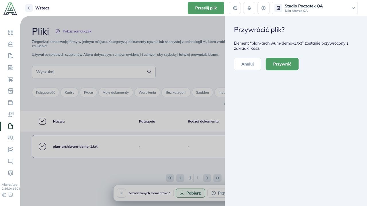 Okno potwierdzenia przywrócenia wskazanego pliku z Kosza